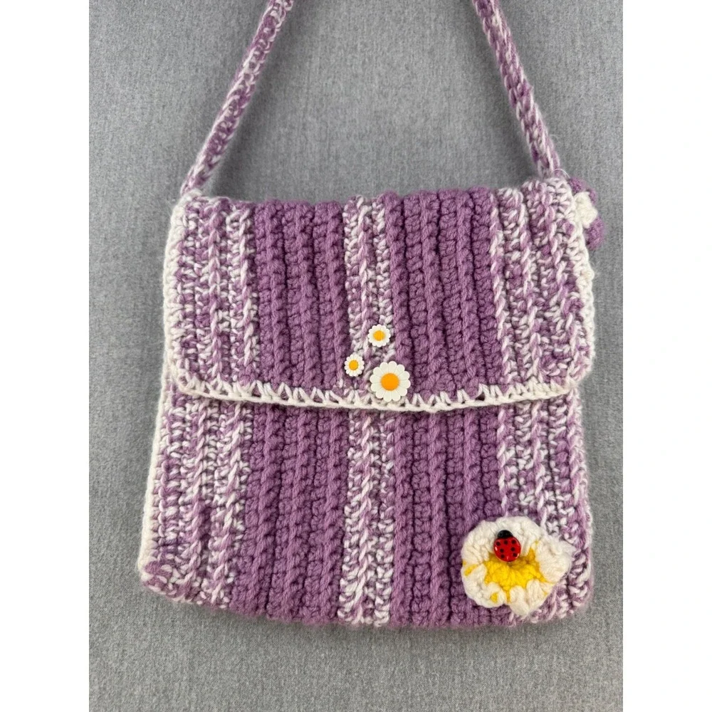 Handmade Crochet Crossbody Bag Purple White Daisy Ladybug Cottagecore Boho - Picture 2 of 15
